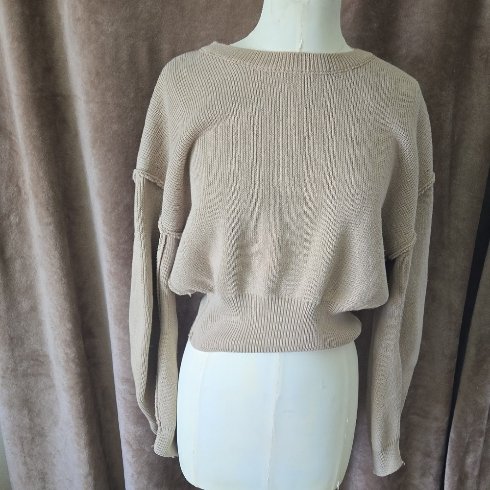 Zara Tan Beige Cropped Ribbed Knit Sweater Exposed Seams Small
